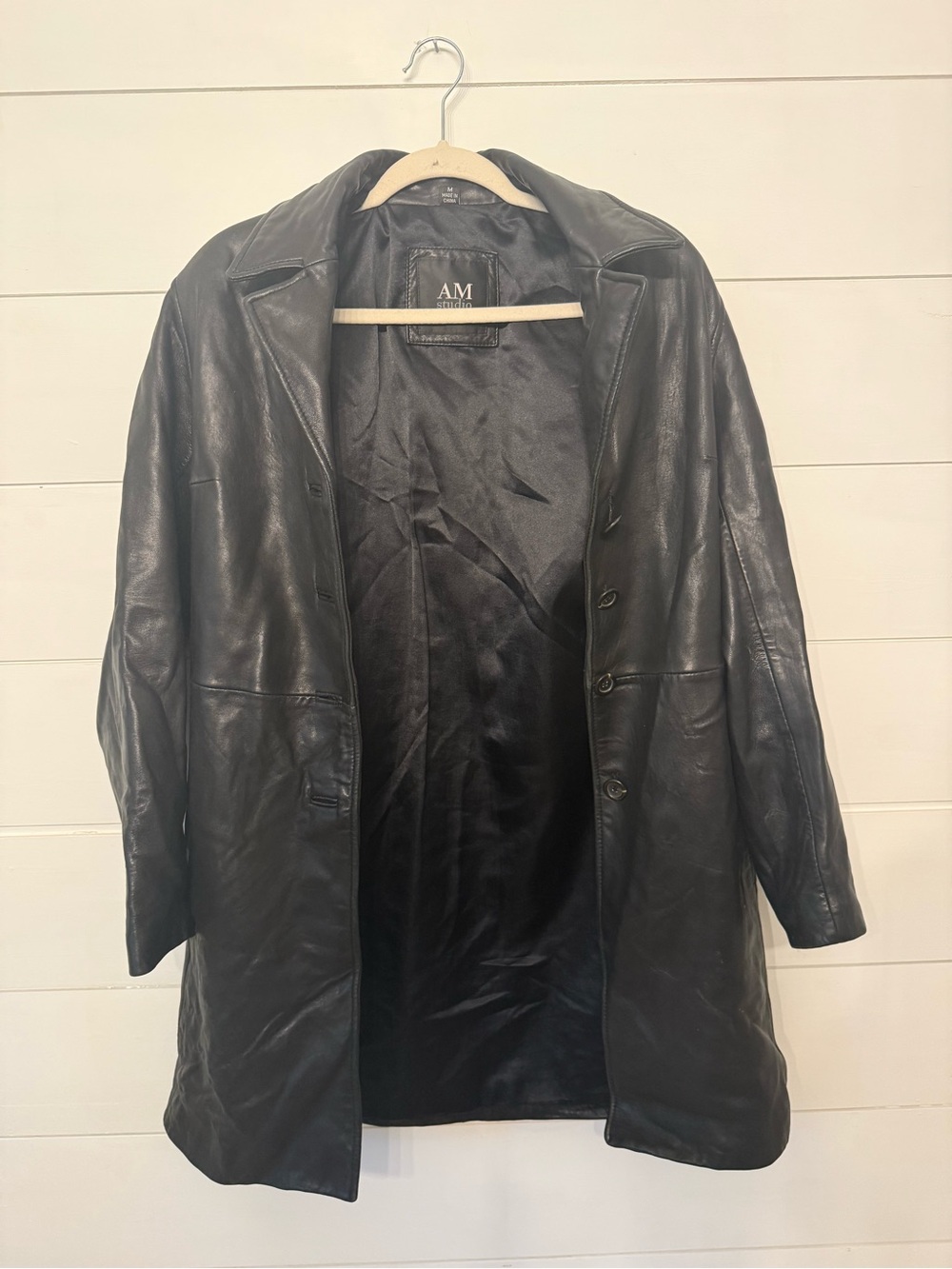 M.STUDIO Black Leather Button-Front Longline Coat
